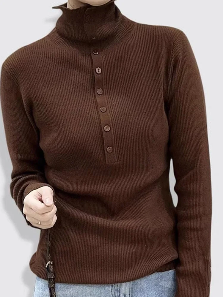 الخريف عالية الياقة زر تصميم مريح لون نقي طويل Sve محبوك الصوفية عارضة بسيطة أعلى سترة تريكو