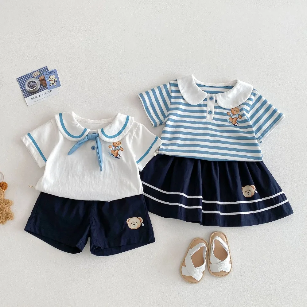 Boy Navy Collar Shirt Tops+Shorts Bottom 2PCS Girls Skirts Suit Outfits 0-6Y 2025 Summer Children Clothing Set Poppy Style Kids