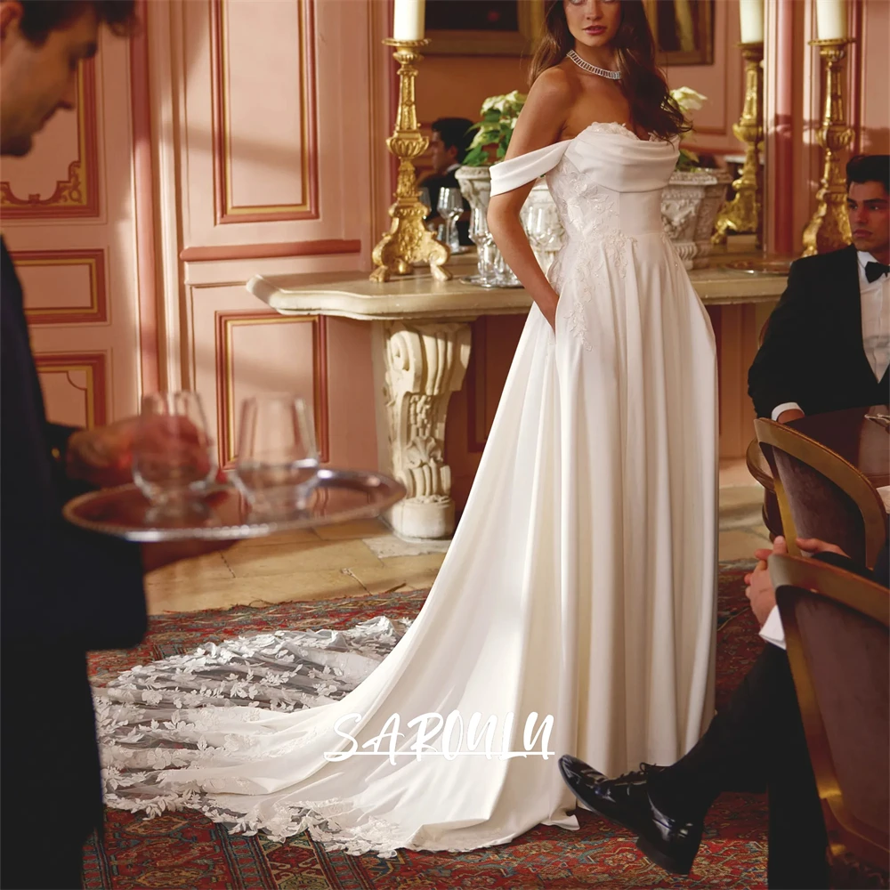 

Graceful Long Wedding Dress for Brides 2025 Off-the-Shoulder Sleeves Bride Dresses with Lace Court Train Customied Bridal Gown