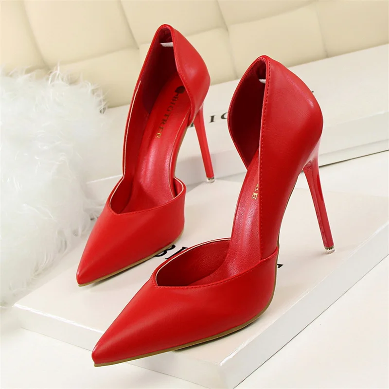 Women Pointed Shallow Mouth Side Hollow Thin High Heels Leather Shoes Elegant Sweet Pink Stiletto Wedding Party Shoes