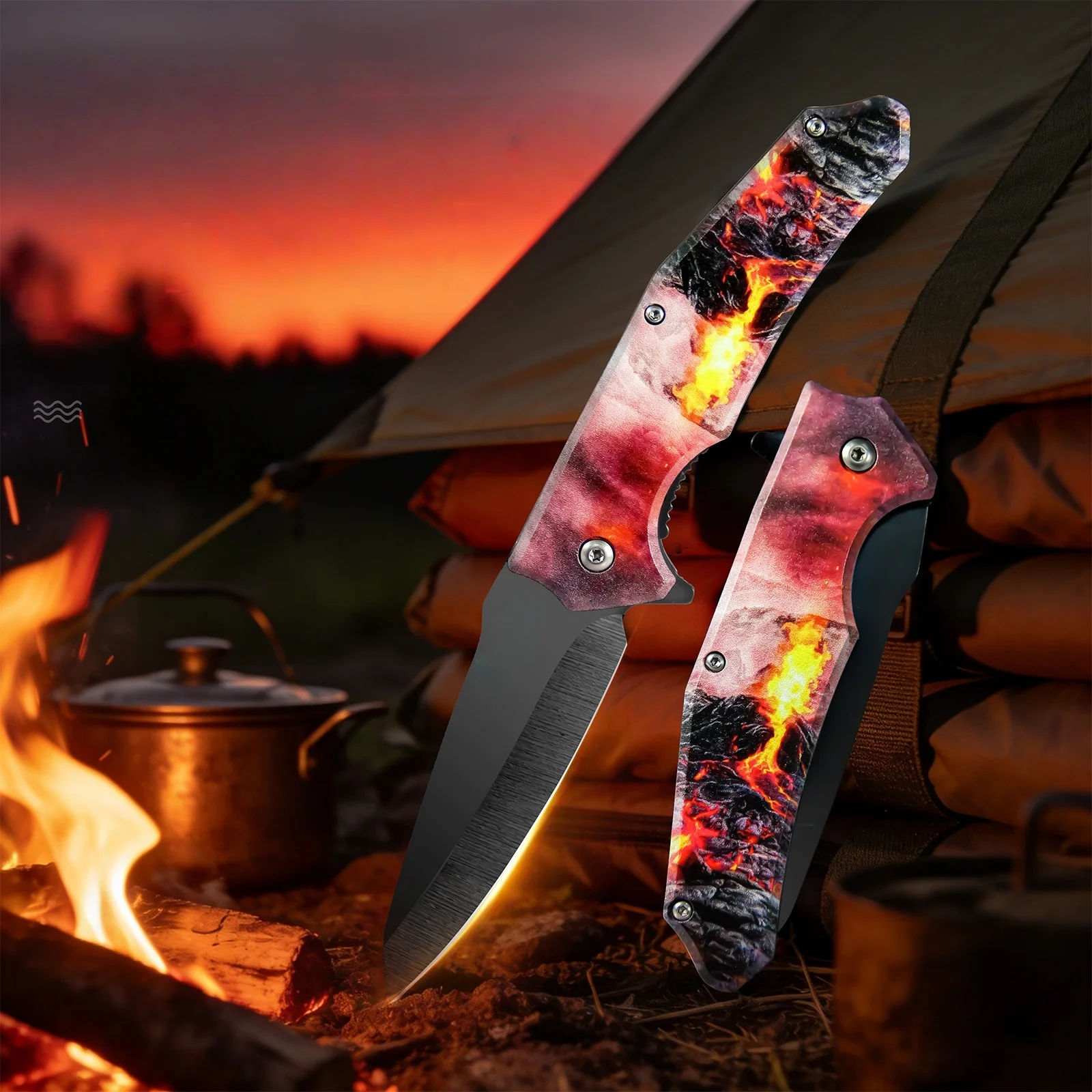 Volcano Lava Pattern Foldable Pocket Knife 15° Sharp Blade EDC Multifunctional Utility Cutter for Outdoor Camping Travel Men's Gift