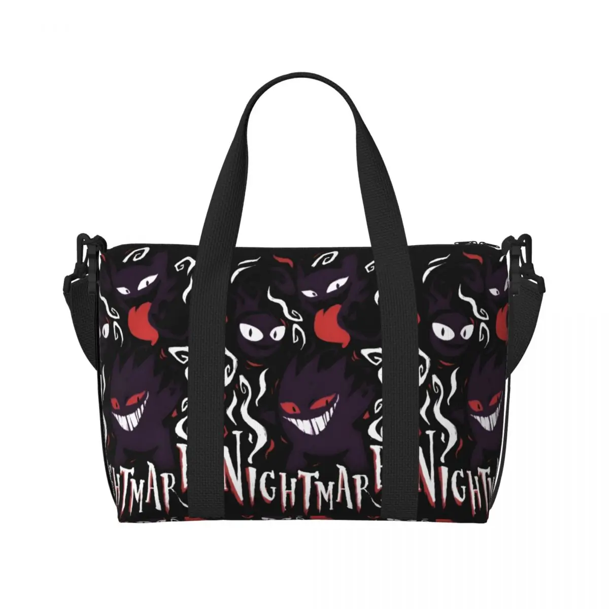 Individuelle Pokemon Gengar Strandtasche für Damen Magische Cartoon-Geister Große Tasche mit Fächern für Fitness, Strand und Reisen