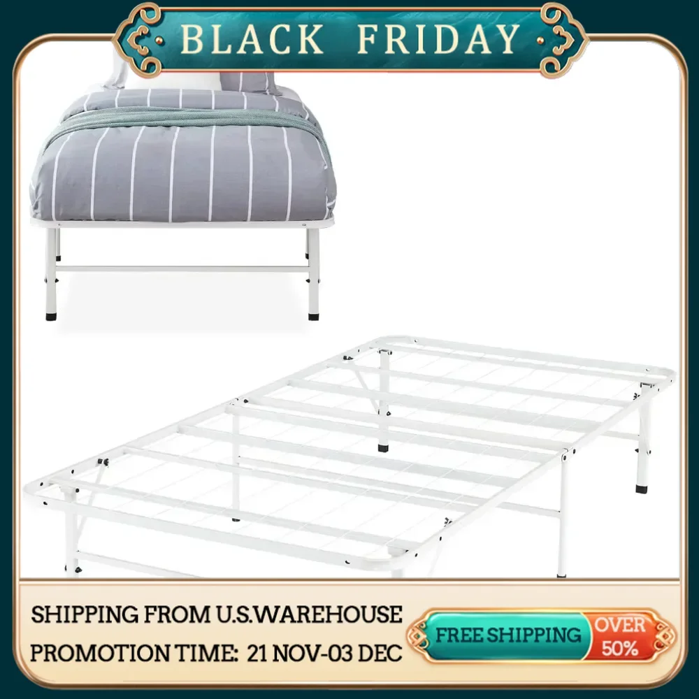 14 inch double bedstead heavy folding bedstead, with steel metal Flat noodles mattress base box spring replacement, white