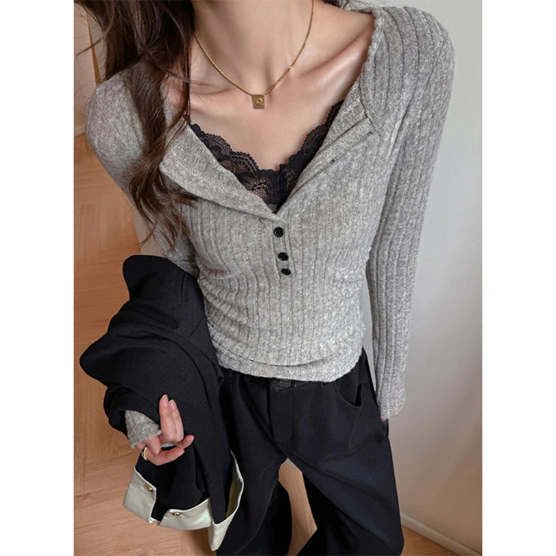 

Y2K Lace Patchwork Fake Two Piece Long Sleeve T-Shirt Women Chic Button Pit Striped Tops Autumn Tight Aesthetic Base Tees Woman