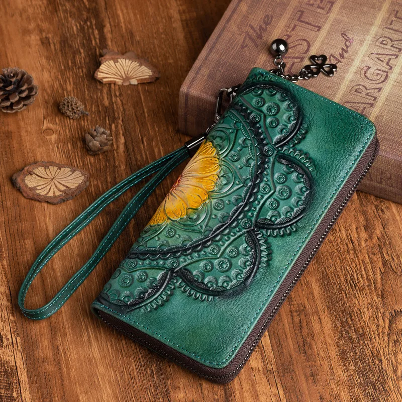 Women's top layer cowhide wallet, long vintage genuine leather wallet, women's hand-painted hand-held wallet