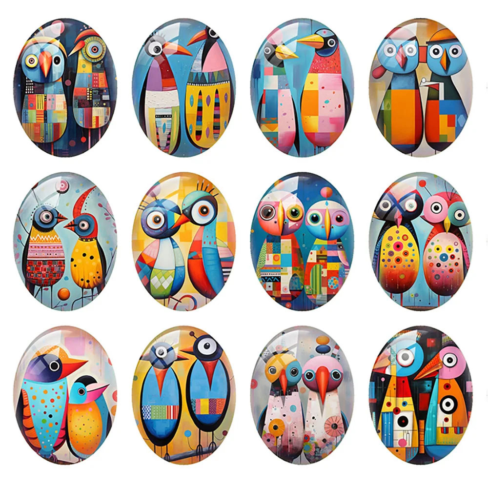 Random Mixed Round/Oval/Square Couple Birds Geometry Painting Photo Glass Cabochon Flatback Demo Cameo For Diy Jewelry Making