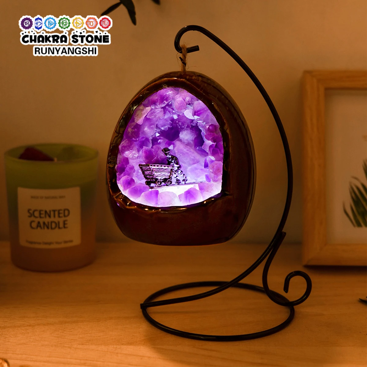 1PC Natural Crystal Amethyst Bud Dinosaur Egg Shaped Geode Lamp Mini Miner For Living Room Study Bedroom Bedside Decor