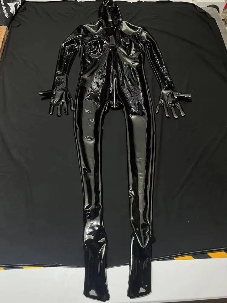 Wet Look PVC Catsuit Shiny PU Leather 4 Zipper Open Crotch Bodysuit Tights Full Coat Zentai Separate Finger Bodystocking Leotard