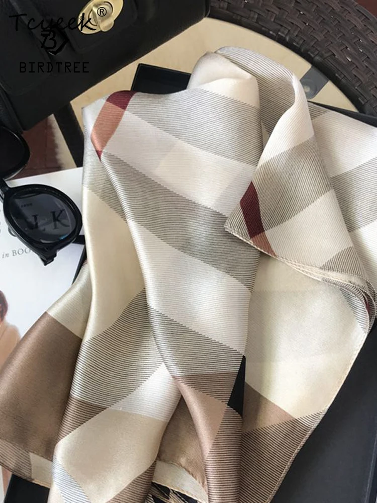 

Tcyeek 180*65CM 9MM 100%Mulberry Silk British Plaid Scarve Georgette Satin Sun Protection Shawls Women Spring Summer A3D7114QC