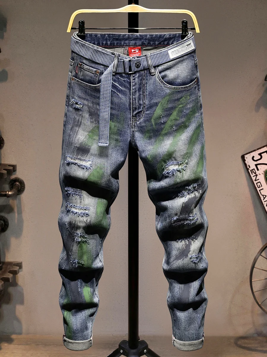 

Мужские джинсы с эффектом чернильных брызг, граффити, эластичные, облегающие, с дырками, в уличном стиле, повседневные, дышащие, из хлопка