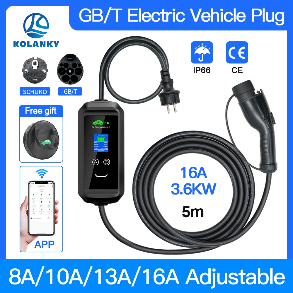 Kolanky EV Charger 16A 3.6KW GBT China Standard APP Bluetooth Version Adjust Charging Time For Electric Vehicle Chinese BYD Car