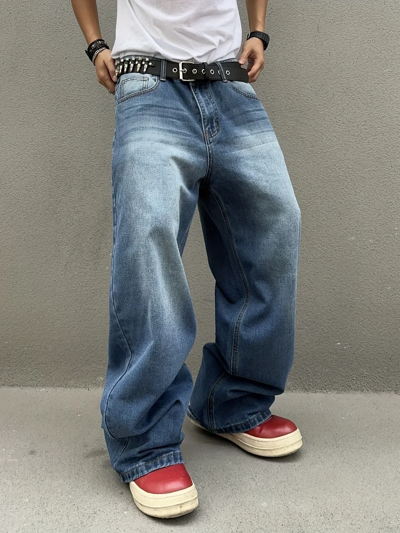 Men's loose wide-leg jeans, casual cotton-blend jeans, outdoor wear in all seasons, without waistband