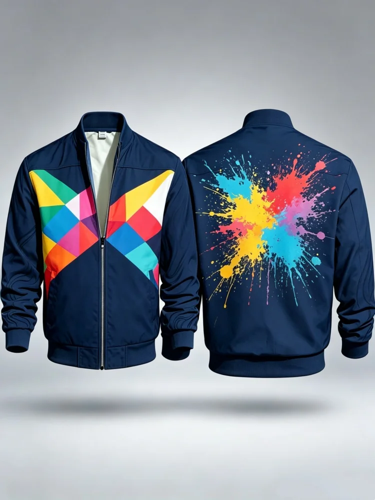 Men Slim Stand Collar Zip Bomber Jacket With Pockets Color Block Geometric & Rainbow Splash Print Casual Coat