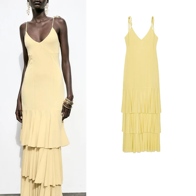 Vestido F de Verão Novo Estilo com Decoração de Laço Borboleta Midi Decote em V Camadas E Cintura Alta Sem Mang...