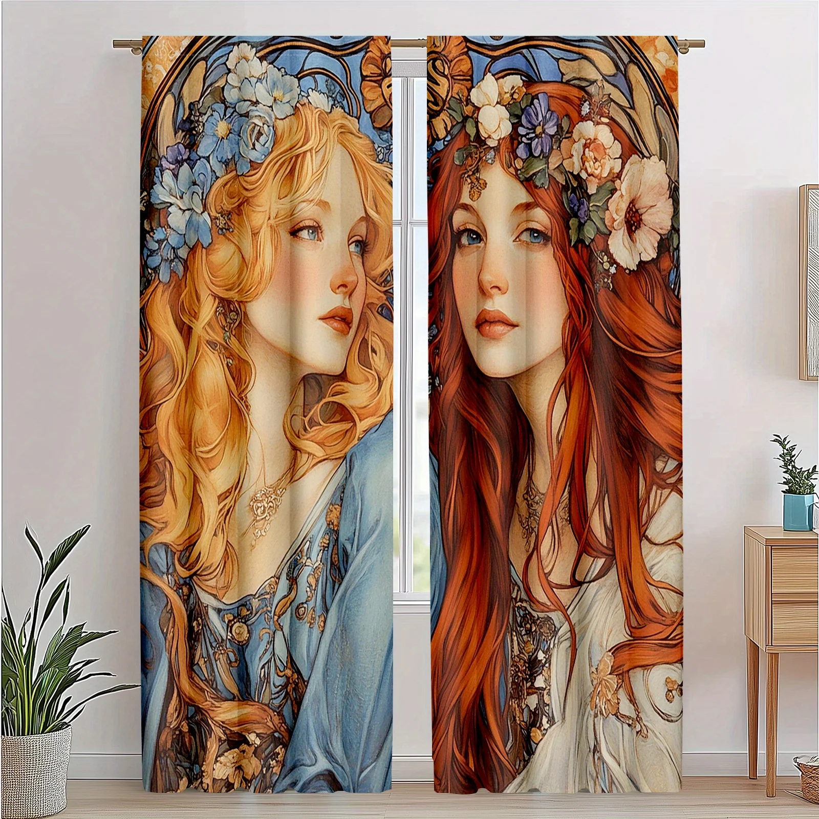 Large Artistic Fantasy Portrait Curtain Pair Bohemian Floral Goddess Design Window Drapes Romantic Accent Decor 2pcs Luxury Home