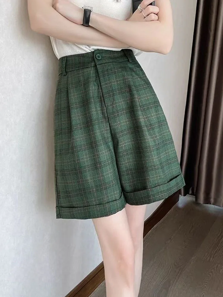 Zoki Vintage Harajuku Women Green Plaid Shorts Korean High Waist Casual A Line Shorts Summer Preppy Style Fashion New Shorts