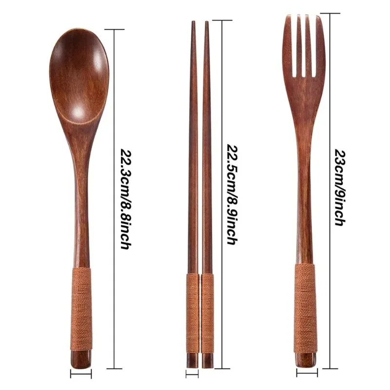 Natural Nanmu Wood Tableware Set Handmad Wooden Spoon Fork Cutlery Set with Black Wrap Handle Eco Friendly Reusable Kitchen Tool