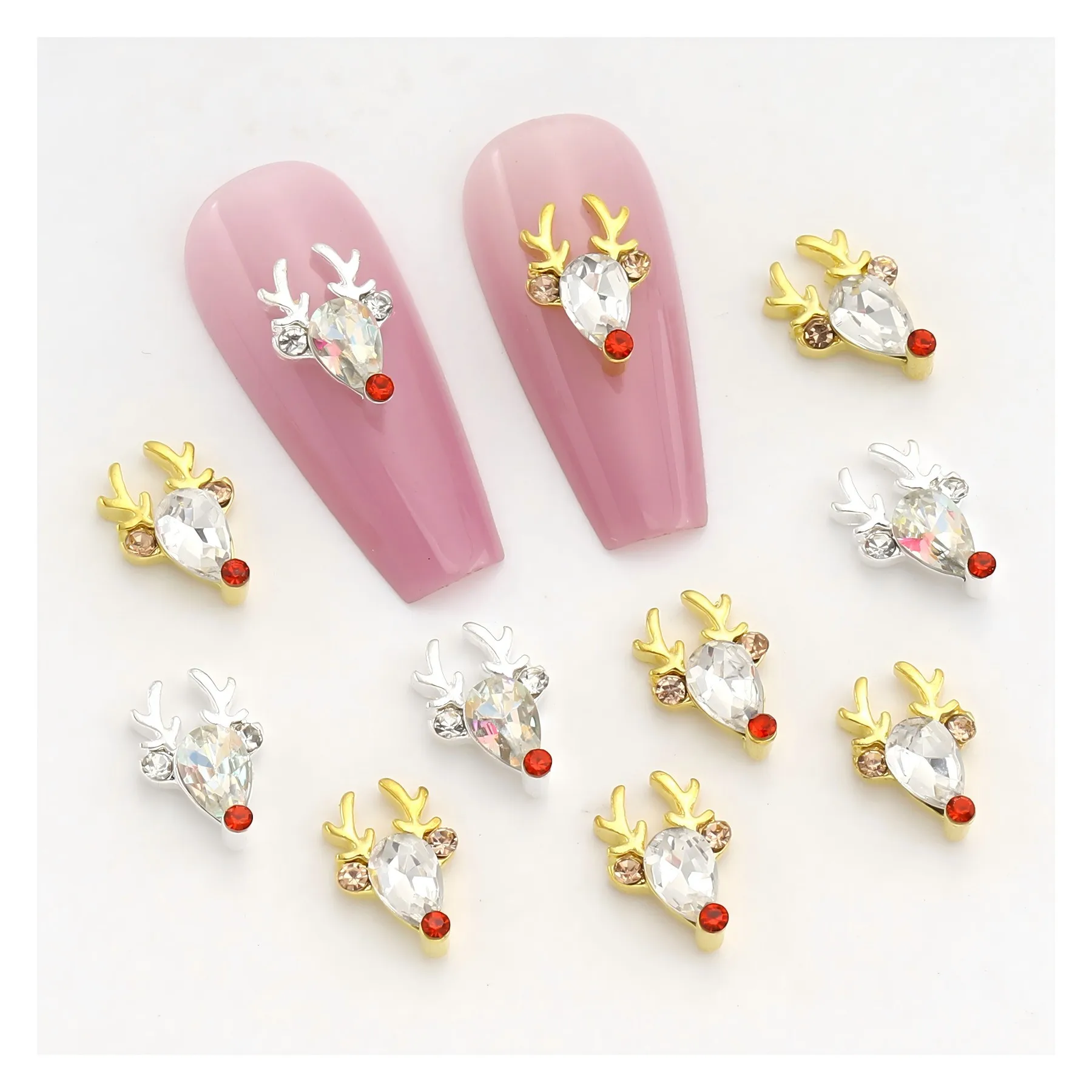 10 pcs 3D Metal Deer Head Series Nail Art Accessories, shiny Rhinestone Crystal Gemstone Oil Drip, Christmas Design Nail charms