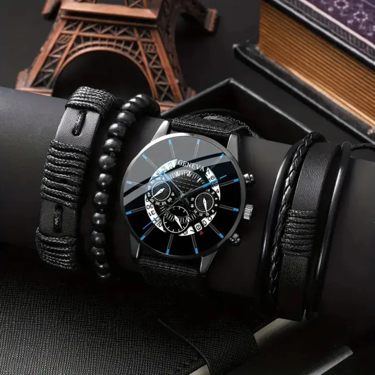 4PCS Men's Business Watches Fashion Leather Band Analog Quartz Watch with Woven Bracelets Set（Without Box）