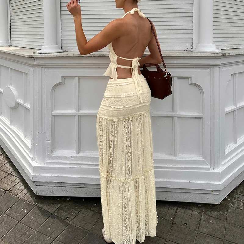 BKLD 2025 Fairyฤดูร้อนห้องพักช่วงวันหยุดสไตล์ฝรั่งเศสต่ําเอวลูกไม้มุมมองHollow Sheathกระโปรงยาวผู้หญิงเซ็กซี่กางเกง