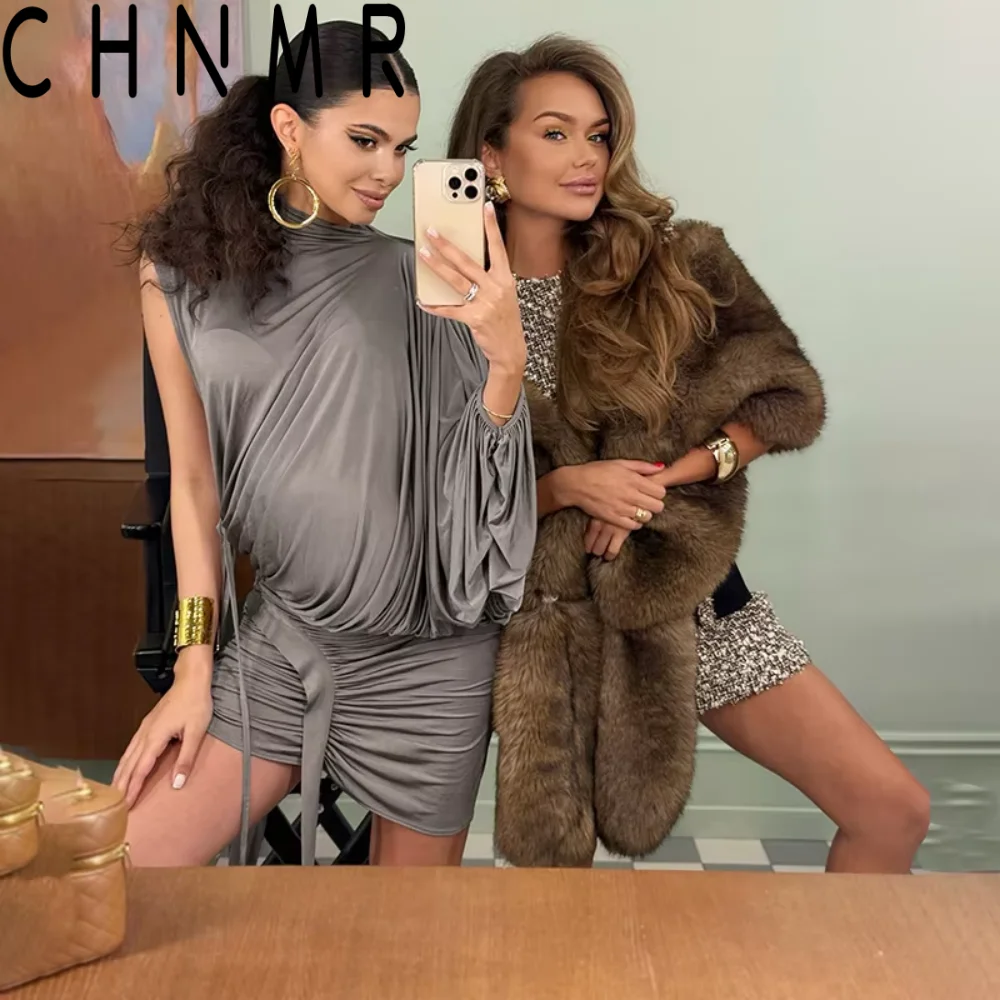 

CHNMR French Fashion Solid Ruched 2 Piece Set Women Sexy One Shoulder Sleeve O-neck Top Short Skirt Summer Nightclub Party Suit