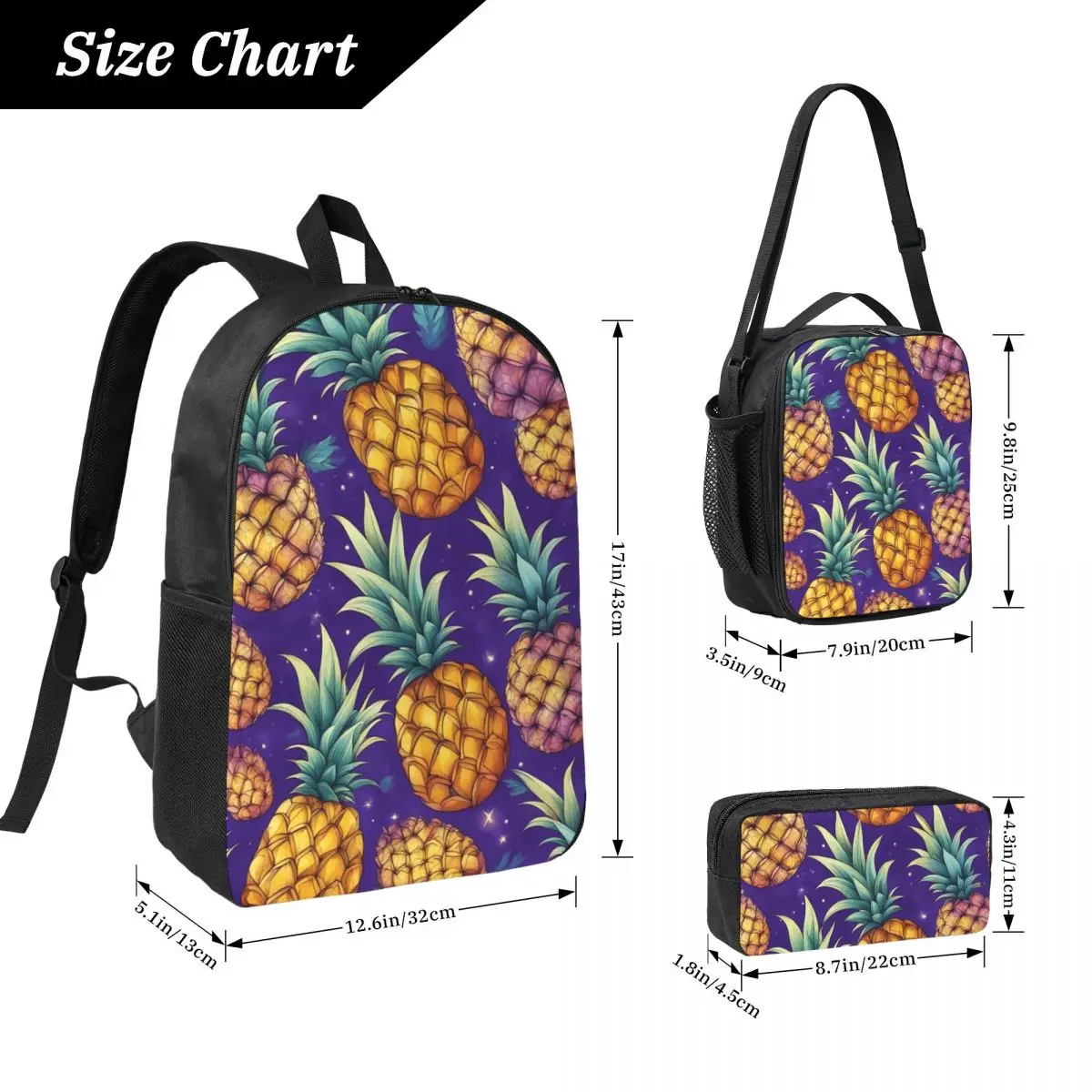 Tropical Pineapple Pattern Backpack Boys Girls BookBag School Bag Computer Shoulder Bags 3ps Insulated Lunch Bag Pencil Case