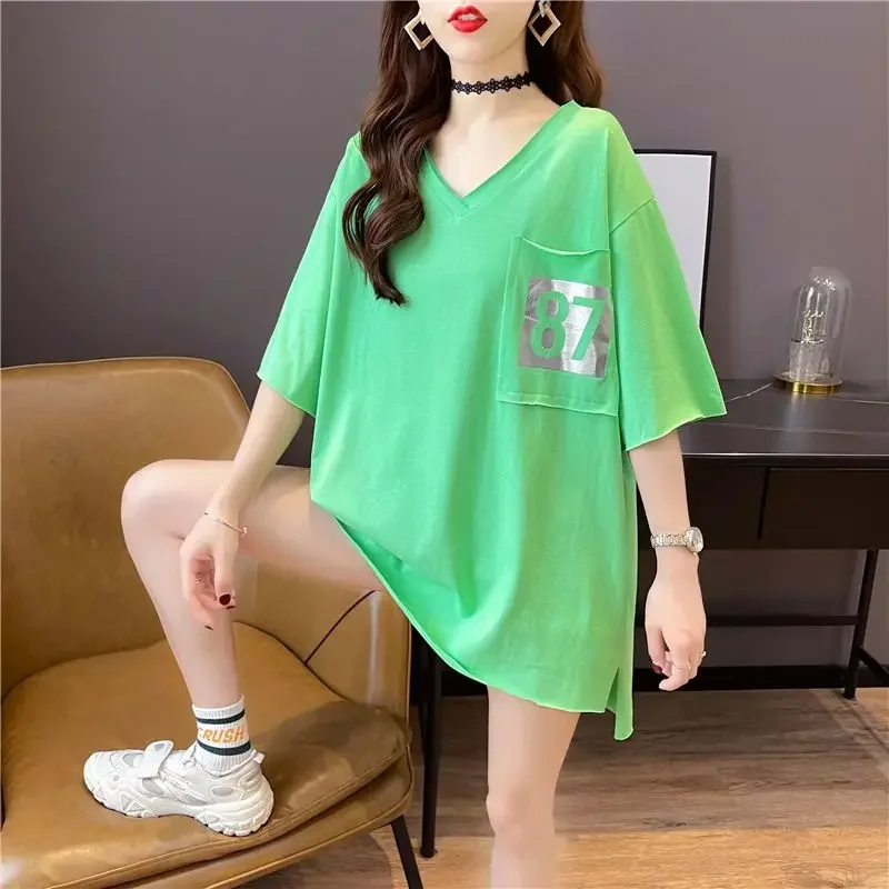 DAYIFUN Mid Length V-neck T-shirt Women Summer Short Sleeve Oversized Digital Printing Tee with Pockets Korean Casual Design Top