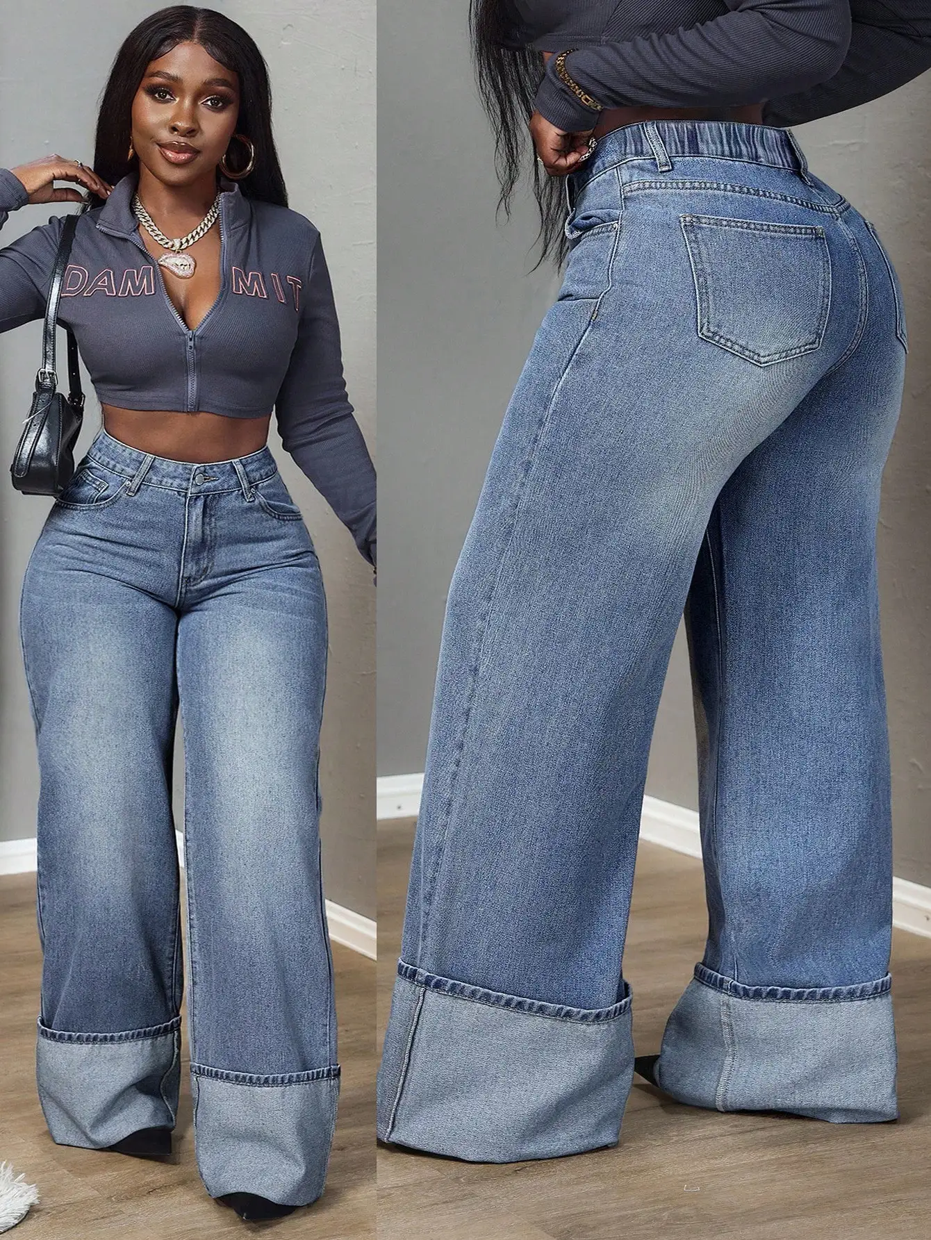 

Джинсы с широкими штанинами и отворотами, свободного кроя, повседневные, из денима, для осени, больших размеров