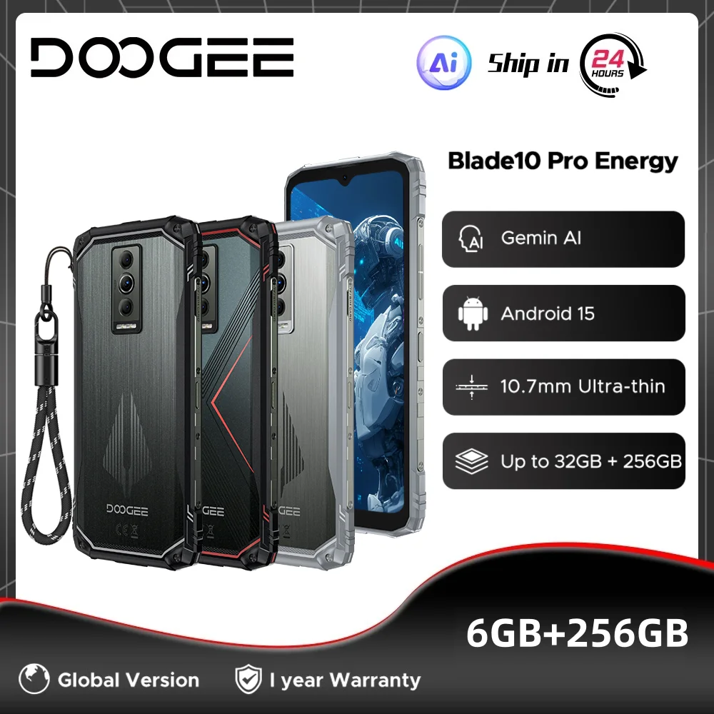Global Version DOOGEE Blade10 Pro Energy Rugged Phone 6GB 256GB 6.56” HD+ Screen 6150mAh Battery 50MP AI Camera Android 15 NFC