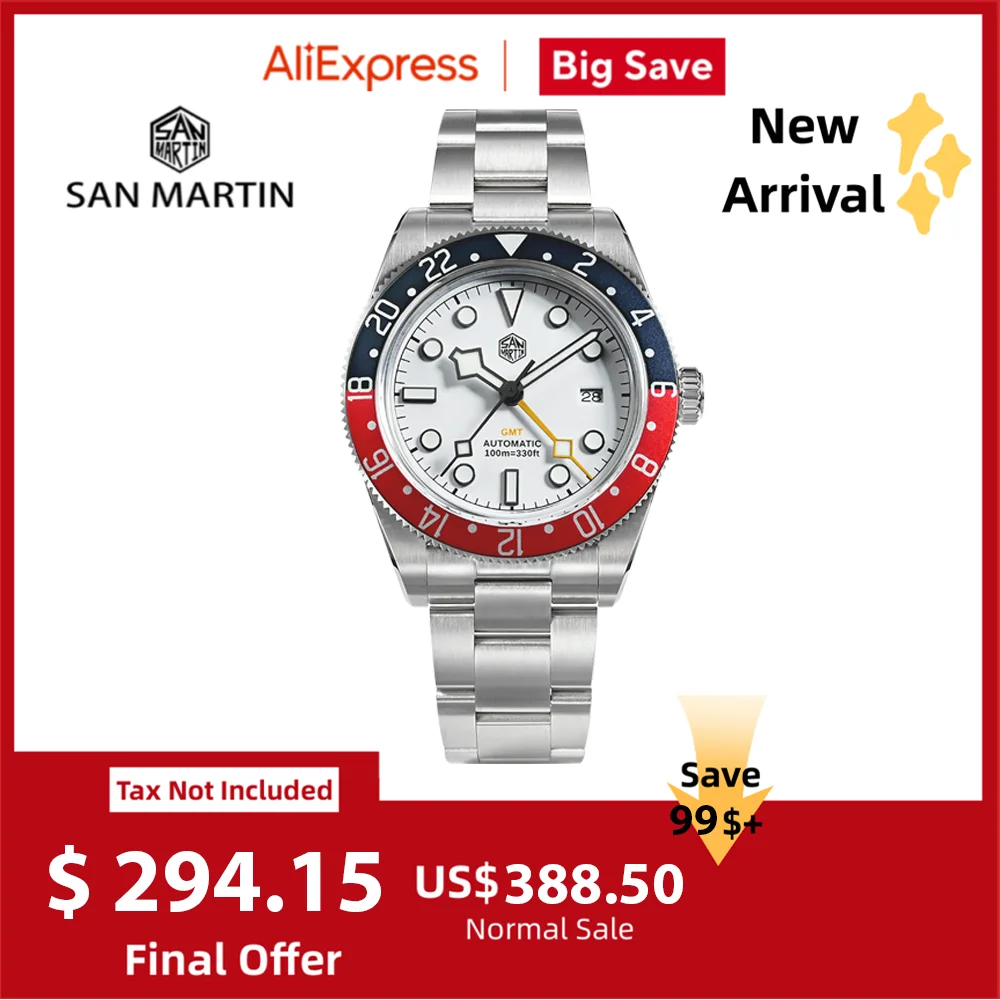 San Martin 39mm 6460 GMT Men Luxury Automatic Mechanical Watch Bidirectional Aluminum Pepsi Bezel Waterproof 10Bar 3H SN0109