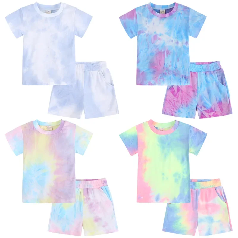 2 Pcs Boys Girls Clothes Summer Tie Dye Kids Baby Outfit Sets Sport T-Shirt And Shorts Set Kids Children Casual Fashion Suit