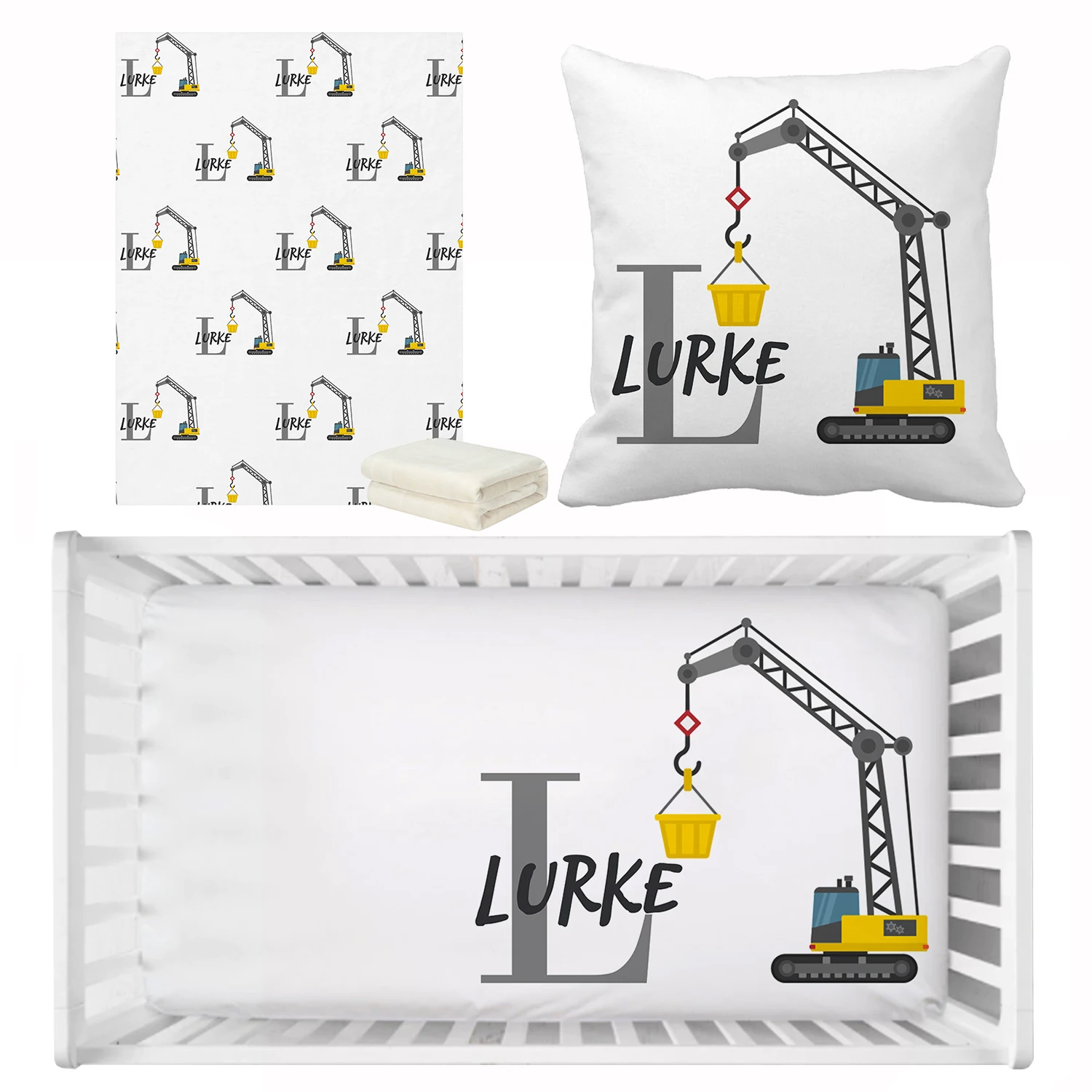 LVYZIHO Custom Name Cirb Bedding Set, Cute Construction Crane Vehicle Crib Sheet Set, Baby Shower Toddler Gift Bedding Set