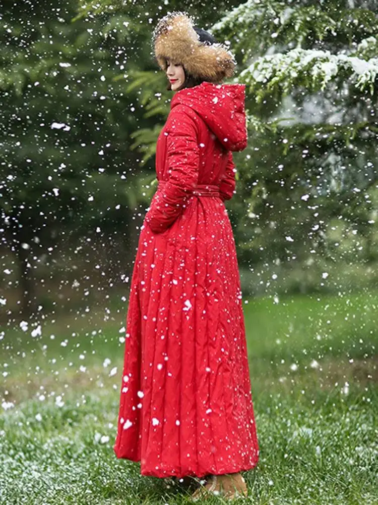 Fashion Red Big Swing White Duck Coat Women's Hooded Loose Sahses Long Sleeve Quilted Overcoat Winter 2026 New 7AUZCN