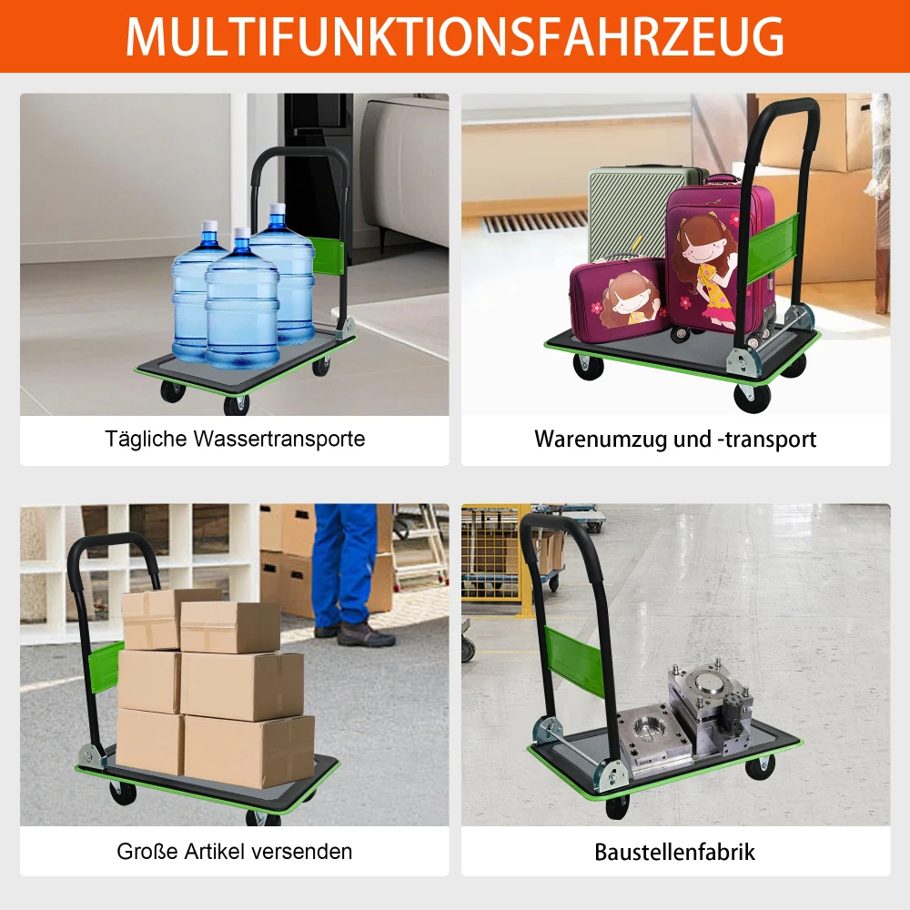 Flachbett-Trolley, Plattformwagen mit 150 KG Tragfähigkeit, 360-Grad-Schwenkräder, Faltbarer Trolley für Beladung und Lagerung – Detail 24