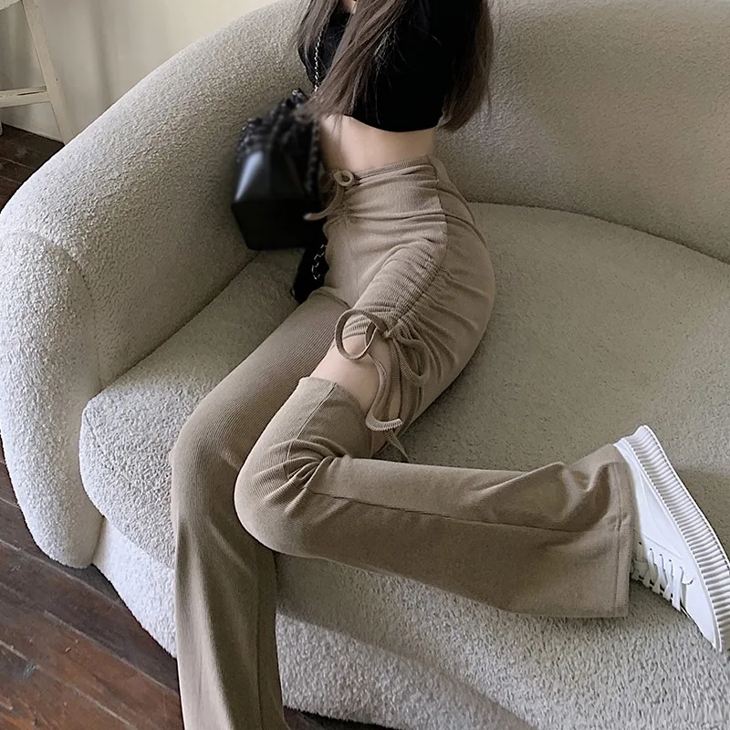  Spring Summer Casual Women Pants Flare Slim European Style Hollow Out High Elastic Waist Streetwear Comfortable Sexy Fashion