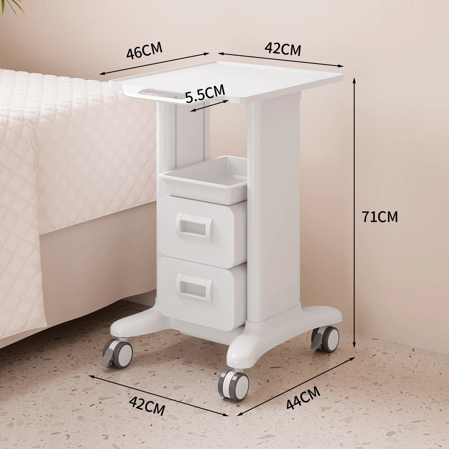 Carro de almacenamiento móvil con cajón, carro para instrumentos médicos, mesa de servicio rodante con rueda, superficie superior de 46x42cm, clínica Dental