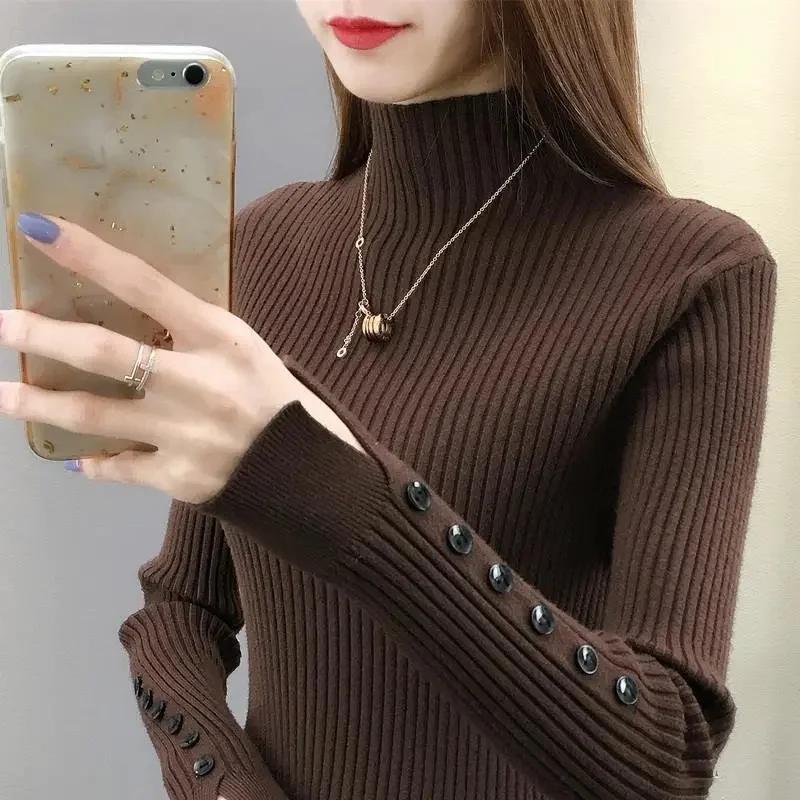 2023 novas mulheres manga longa gola alta outono vintage harajuku fino de malha de fundo coreano moda camisola feminina jumpers