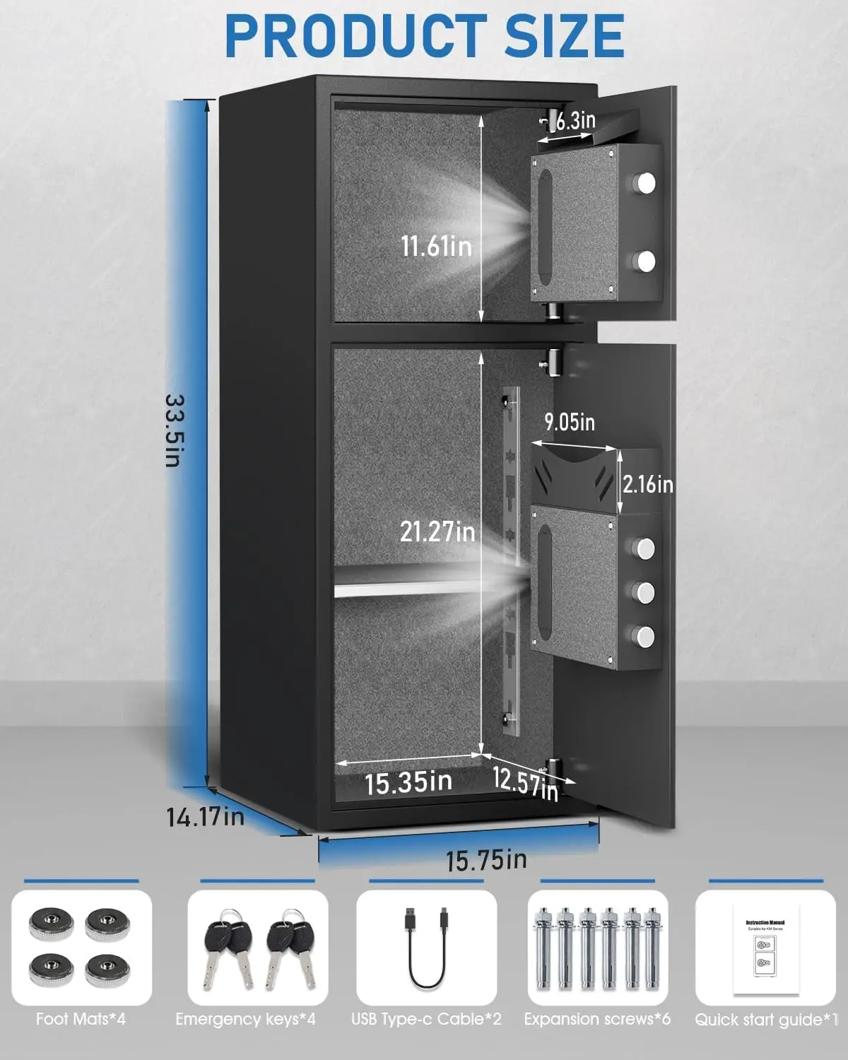 7.0 Cuft Extra Large Home Safe Box Fireproof Waterproof, Fingerprint Safe, Home Security Safes Box with Adjustable Shelf & Depos