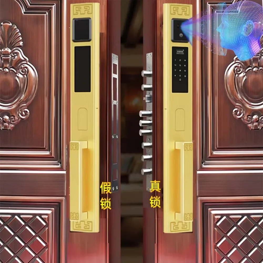 Golden luxury villa gate anti-theft door lock double door face recognition cell phone remote monitoring intelligent door locks