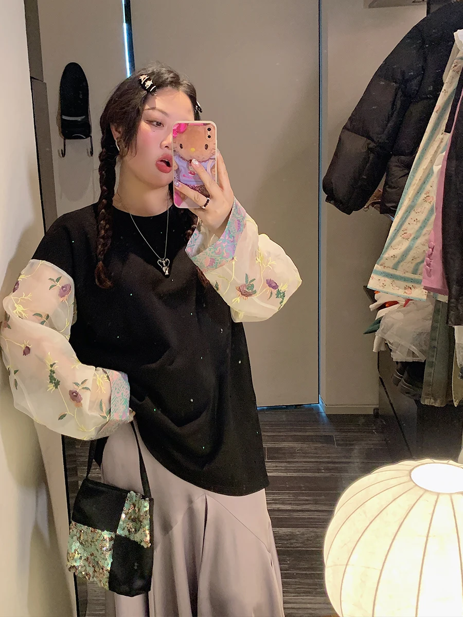 

New Chinese Sle Embroidered Sweatirt Women's Faionable Autumn Wear plus Size Design Sense Top Golden Dazhi 2025 Spring