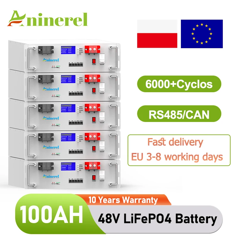 Aninerel LiFePO4 48V 100Ah 5Kwh Battery Pack 6000 Cycles 51.2V BMS 100Ah Solar Energy Storage Lithium Battery EU STOCK