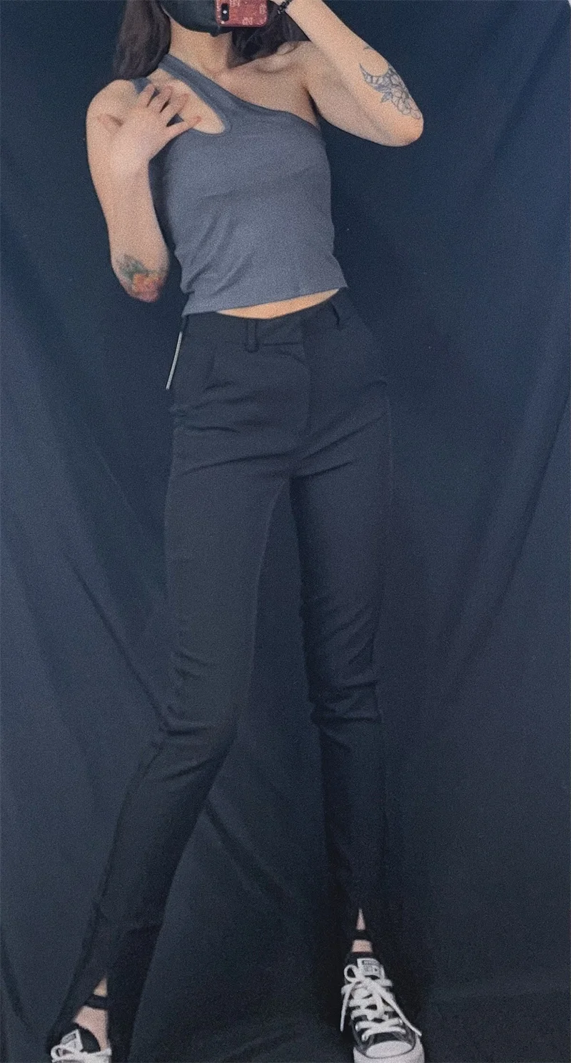 American Sle taille haute minceur jambe droite costume pantalon avant fendu pantalon décontracté pour les filles à la mode longue haute rue Sle