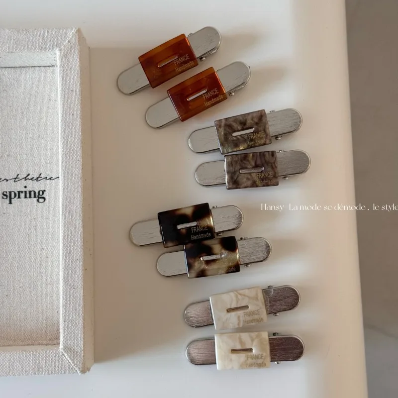 

Acetate rectangular patch silver brushed hairpin simple advanced sense gold standard bangs side clip hairpin duck bill clip