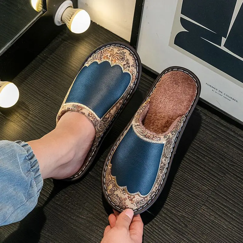 Genuine Leather Winter Warm Plush Slippers Non Slip Indoor Home Hardwood Floor House Cotton Shoes Soft Comfort Men Women