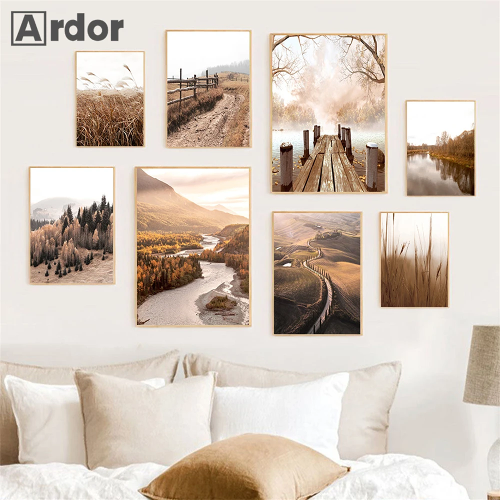 Autumn Forest Landscape Wall Art Painting Reed Canvas Poster Pumpkin Print Bridge Posters Nordic Wall Pictures Living Room Decor