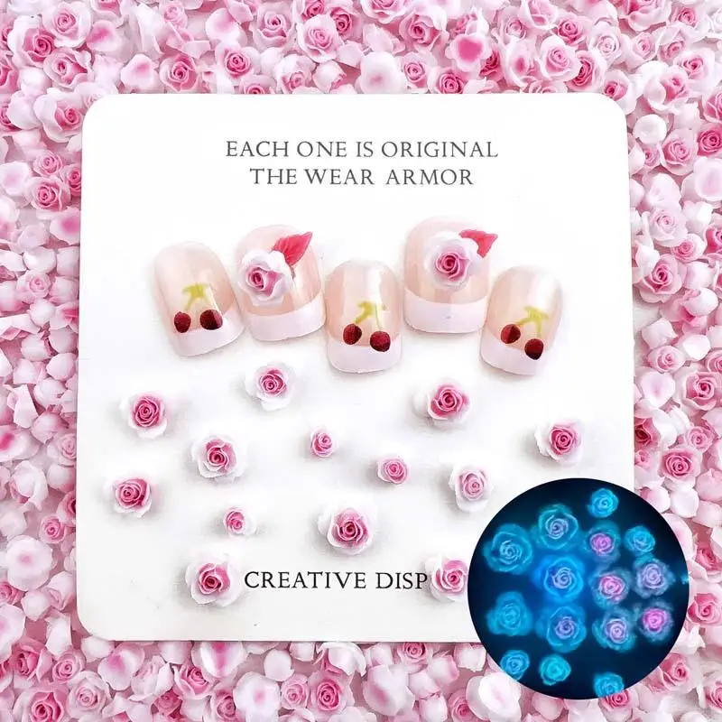 Luminous Pink White Rose Flowers Nail Charms Random Mixed Mini Rose Buds Resin Nail Art Decorations Accessories for Manicure DIY