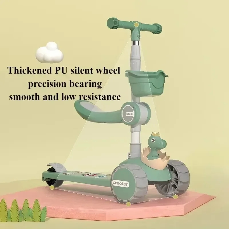 Patinete 3 en 1 para niños con manillares de altura ajustable y asiento extraíble, luces LED, música para niños y niñas, juguetes para montar al aire libre