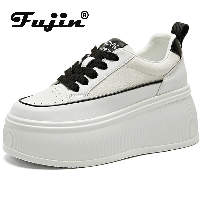 Fujin 8cm Cow Genuine Leather Platform Wedge Flats Vulcanize Comfy Breathable Spring Autumn Chunky Sneakers White Casual Shoes