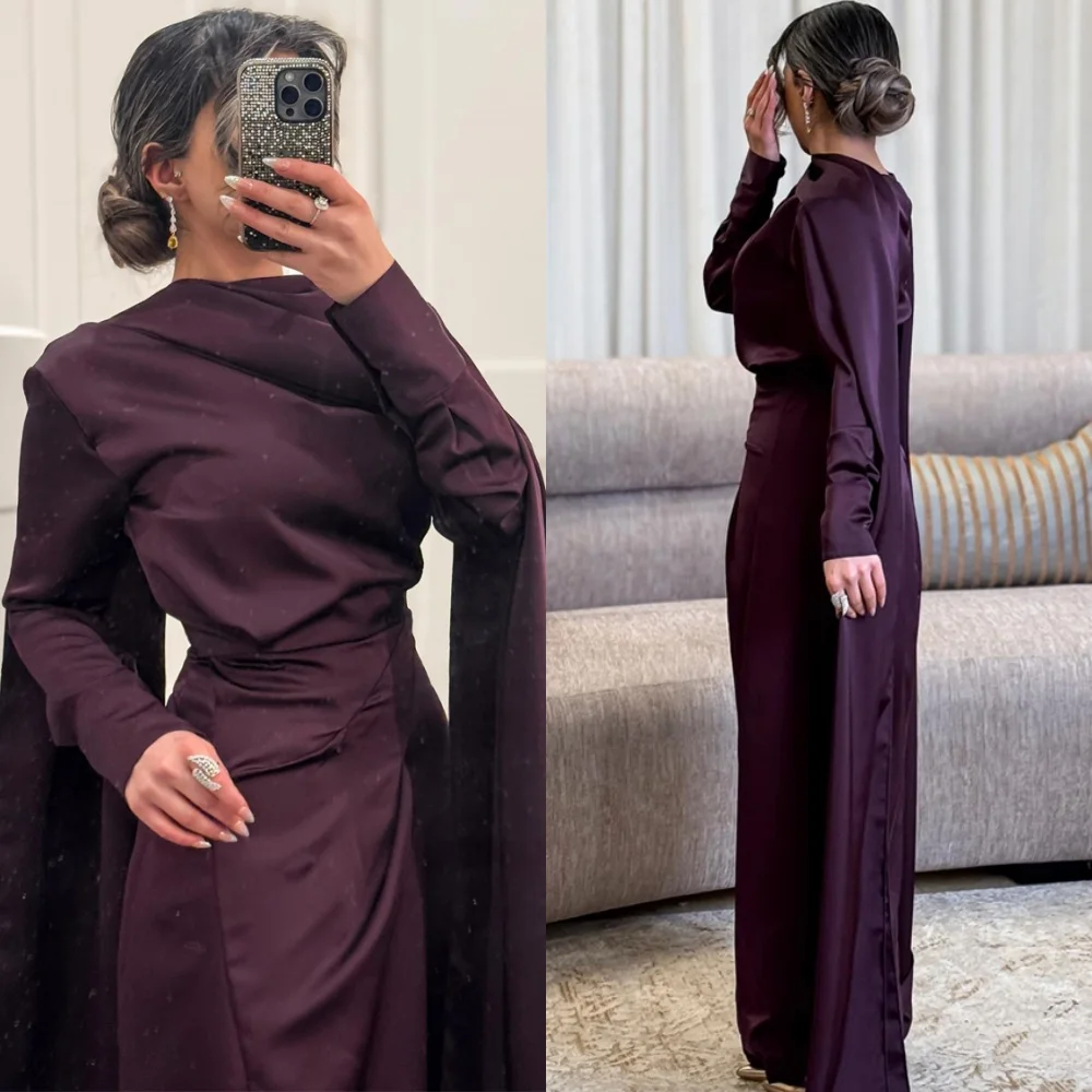 

Customized Modern Purple Satin Evening Dress Classic O-Neck Long Sleeves Homecoming Dresses Fashion Special Occasion Gowns