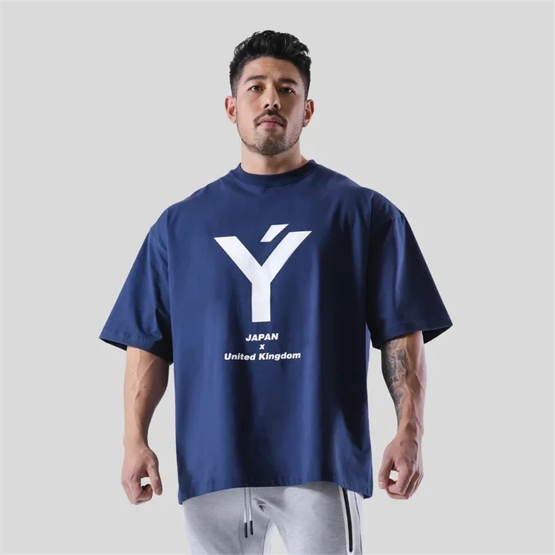 2023 Summer Oversize GYM Style Fitness Sports Men\'s Short Sleeve T-shirt Fashion Casual Cotton Loose Tees Tops